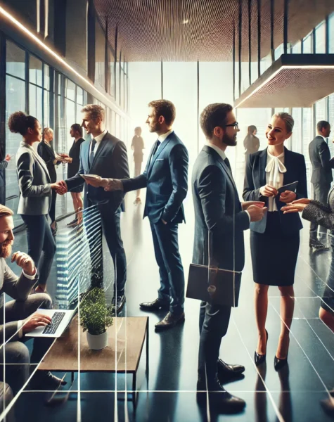 DALL·E 2025-03-27 00.58.26 - A professional business networking scene in a modern office setting. A diverse group of professionals in formal attire are engaged in meaningful discu DALL·E 2025-03-27 00.58.26 - A professional business networking scene in a modern office setting. A diverse group of professionals in formal attire are engaged in meaningful discu